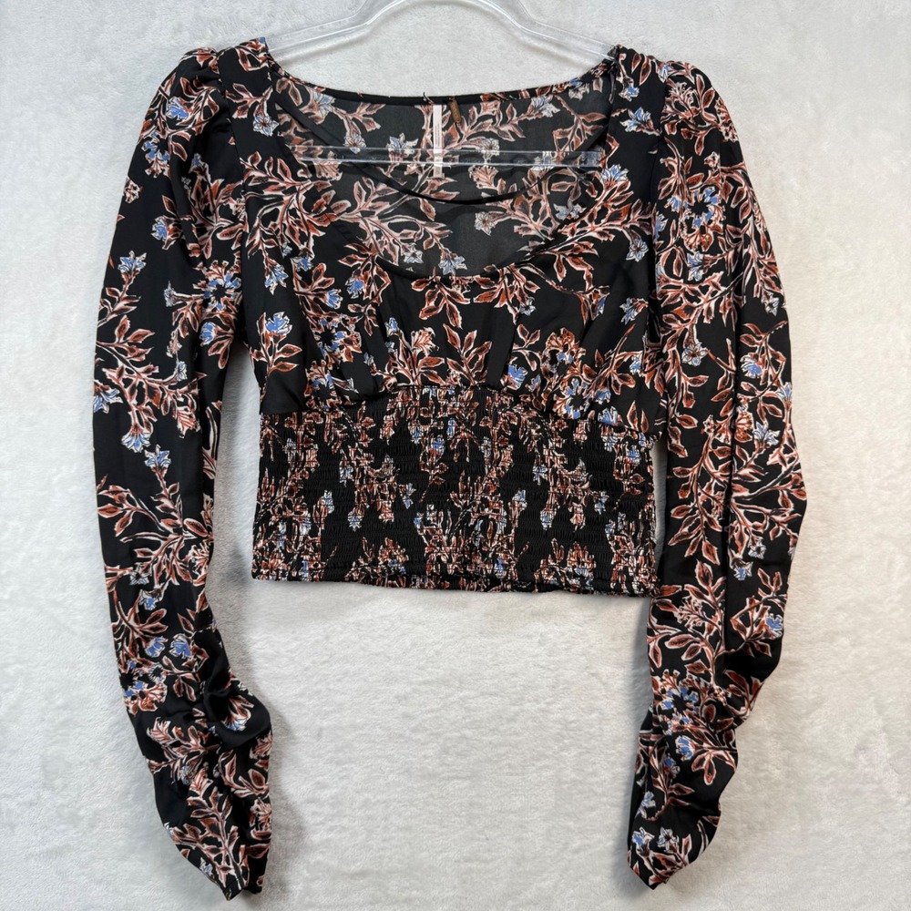 Free People Black Floral Smocked Long Sleeve Crop Top